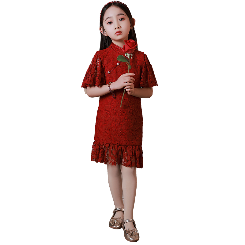 女童旗袍禮服兒童改良中國(guó)風(fēng)花童小女孩紅色民國(guó)風(fēng)連衣裙大童夏季