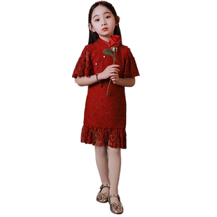 女童旗袍礼服儿童改良中国风花童小女孩红色民国风连衣裙大童夏季