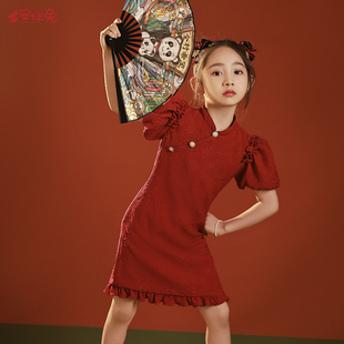 旗袍红色连衣裙花童婚礼小女孩儿童高级感演出国风 女童晚礼服中式