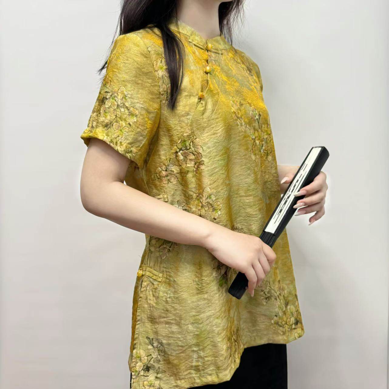 复古中式国风夏季新款浮光香云纱中长款连衣裙气质真丝上衣女