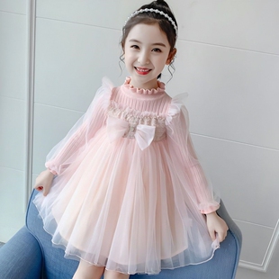 针织女童2026时尚冬装新款洋气韩版网纱公主连衣裙宝宝加绒中长裙