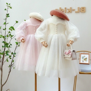 秋冬装新款纱灯笼袖拼接公主裙儿童洋气针织蓬蓬连衣裙女童韩版网