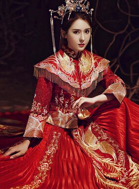 秀禾服情侣套装结婚龙凤褂新娘中式婚服男女嫁衣披肩流苏凤冠霞帔