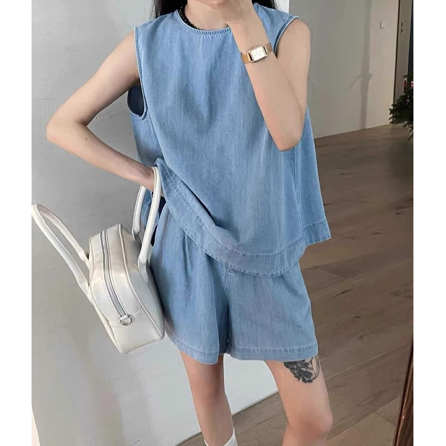 2025新款仿牛仔背心套装女夏季韩系显瘦无袖上衣松紧腰短裤两件套