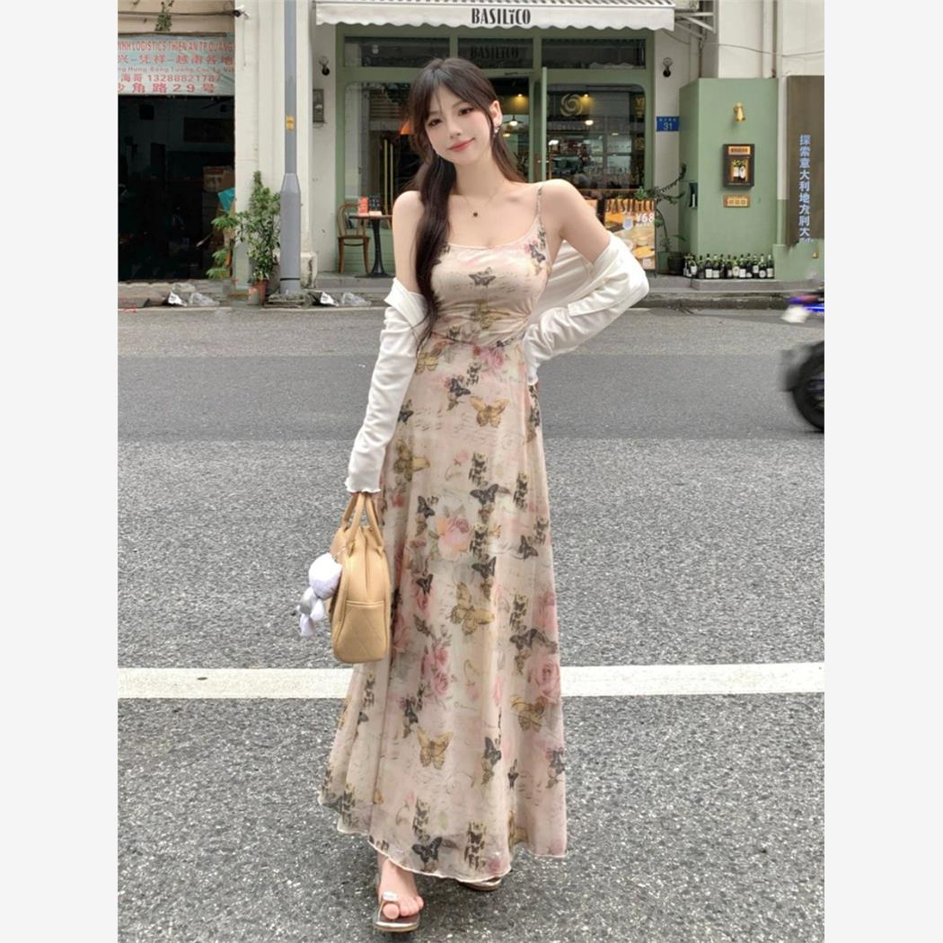 大码女装法式蝴蝶碎花吊带连衣裙夏季收腰A字长裙子胖mm遮肚显瘦