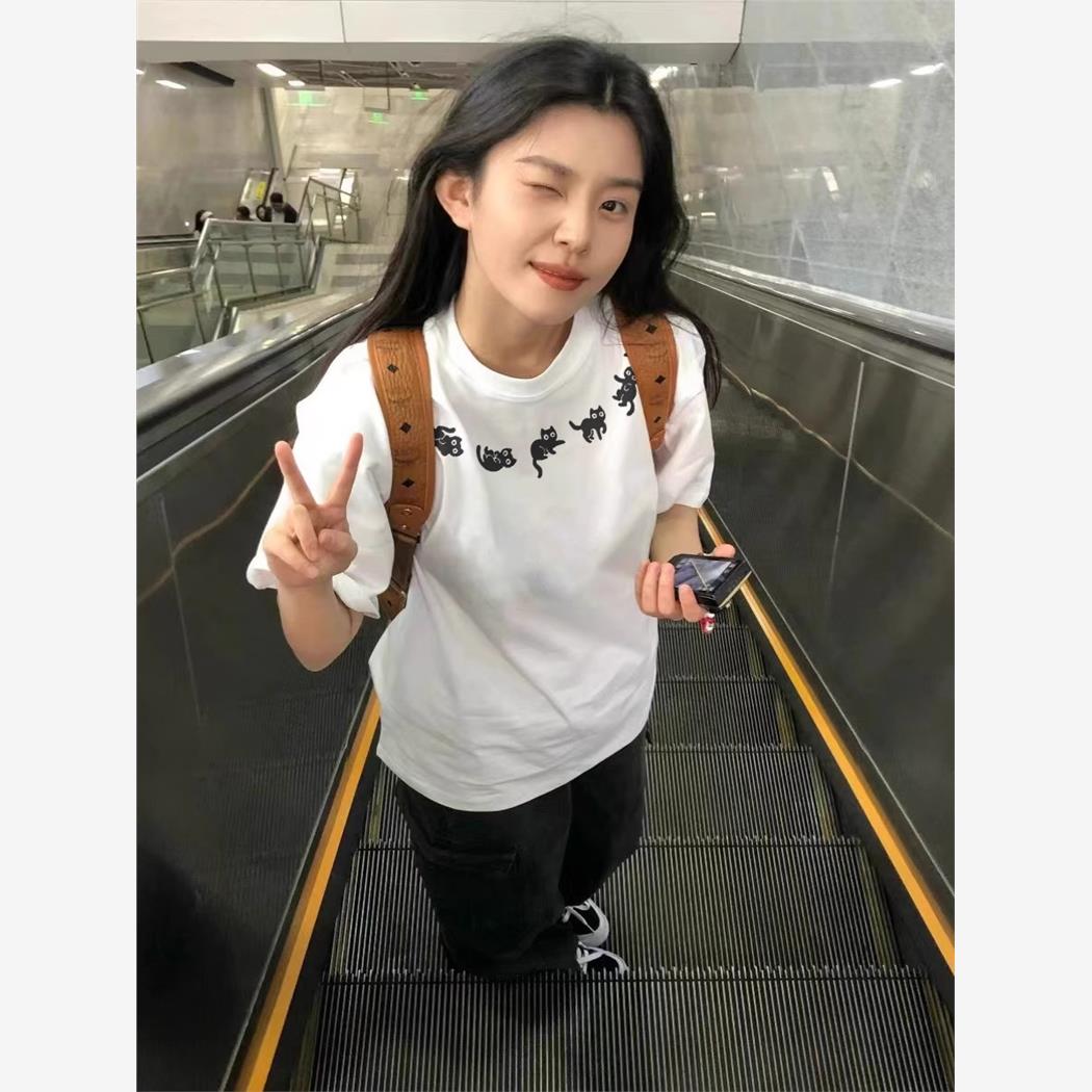 大码重磅纯棉白色短袖t恤女2025新款夏季正肩美式半截袖宽松上衣