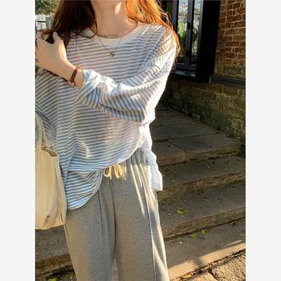 大码条纹长袖T恤女夏薄款