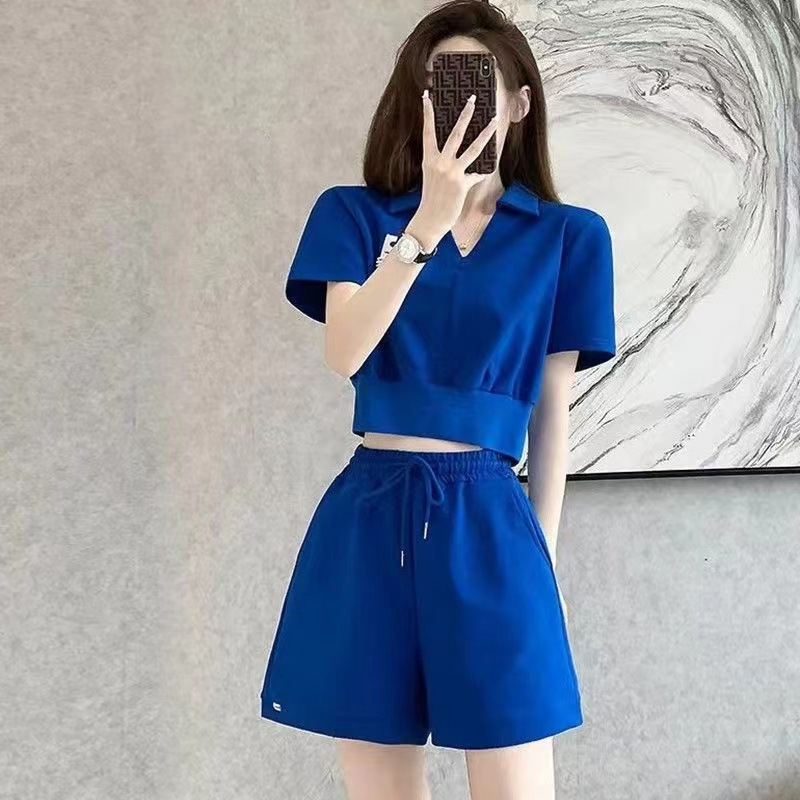 网红减龄套装女夏季高级感polo领上衣阔腿短裤运动服小个子两件套