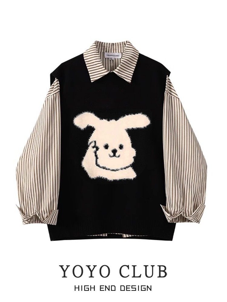 YOYO CLUB 대형 하이 엔드 스트라이프 긴팔 셔츠 가을 레이어드 조끼 조끼 여성을위한 대학 스타일 정장