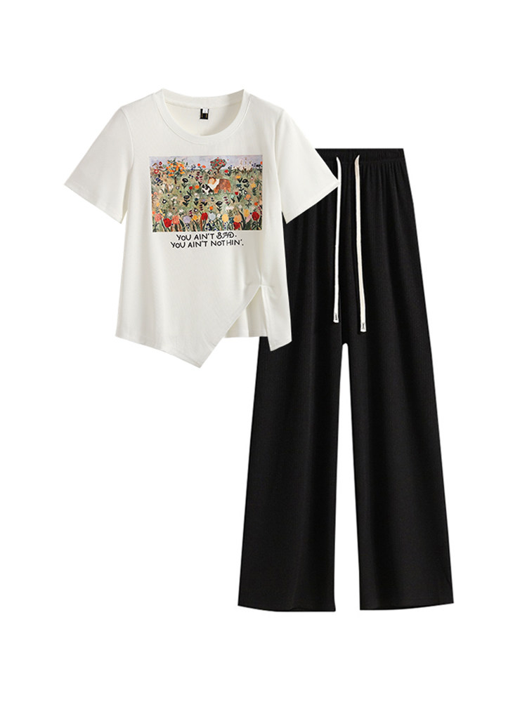 YOYO CLUB 플러스 사이즈 여성 불규칙 프린트 반팔 티셔츠 하이 웨이스트 스트레이트 팬츠 여름 캐주얼 패션 슈트