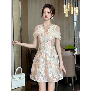 francês estamp Vestido festa elegante bonito feminino