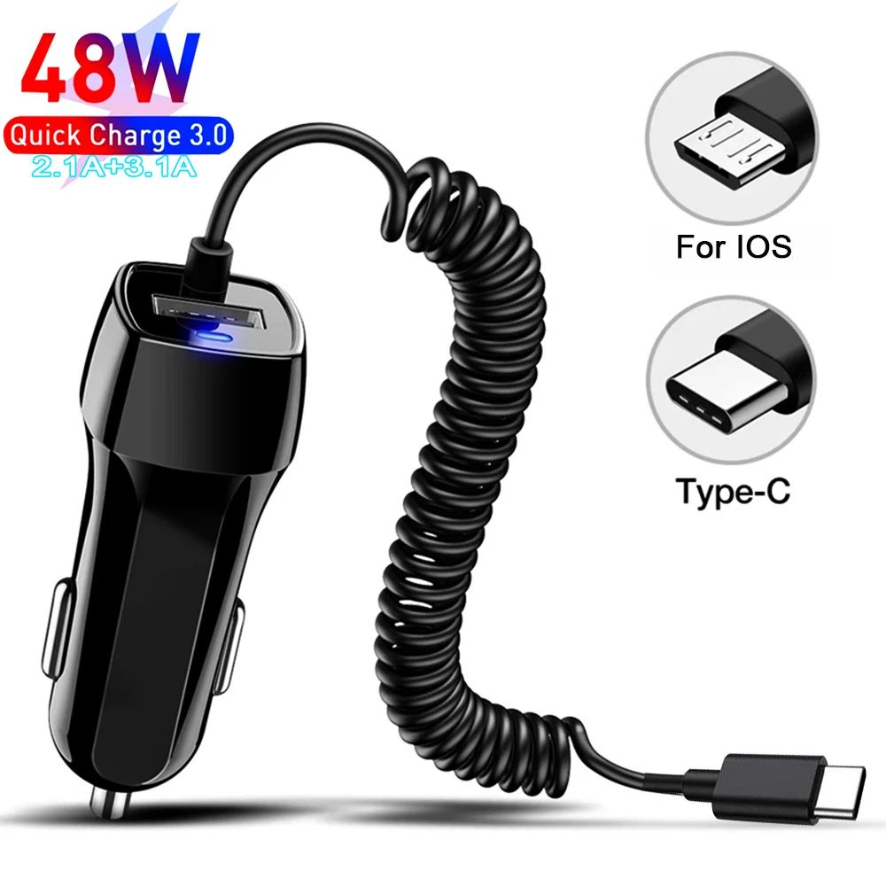 Cargador rápido USB para coche, adaptador de Cable elástic