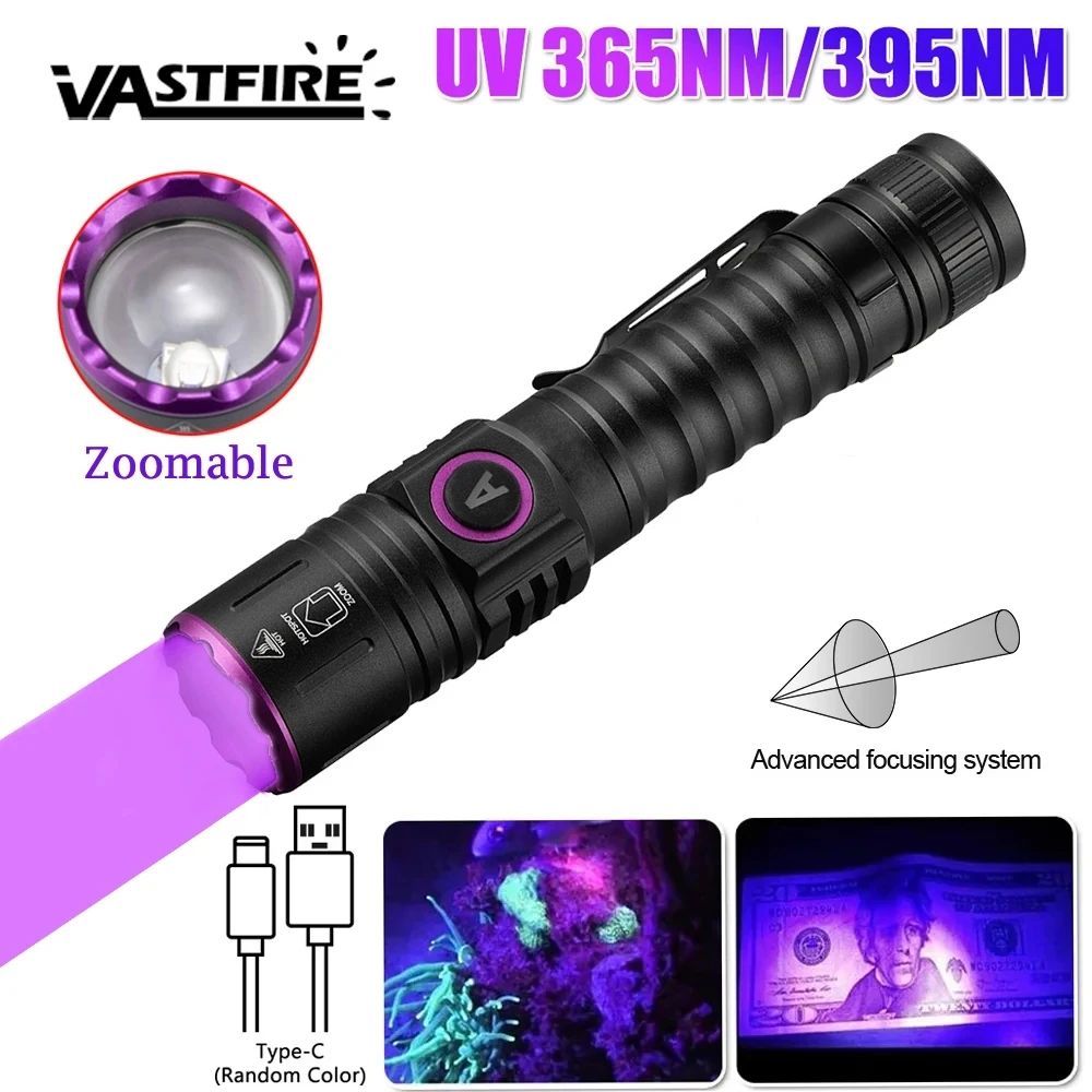 5W Mini 365nm 395nm Linterna UV Zoom Ultravioleta Luz Negra