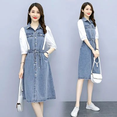 S-3XL Mulheres Denim Vestido Turn Down Collar Meia Manga Dra