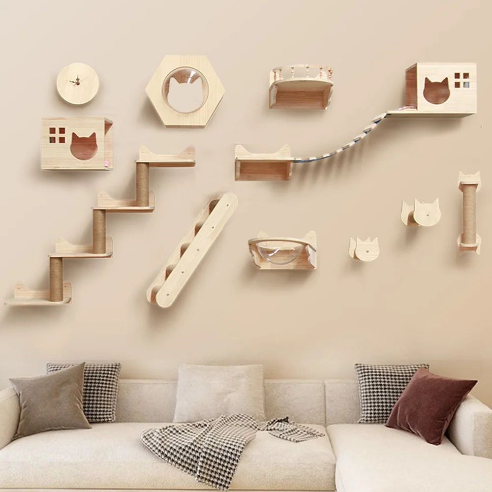 Wall Mounted Wooden Cat Shelves, Escalada Stairway, Rede com