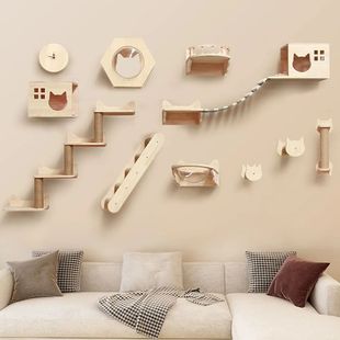 Wall Mounted Wooden Cat Shelves, Escalada Stairway, Rede com