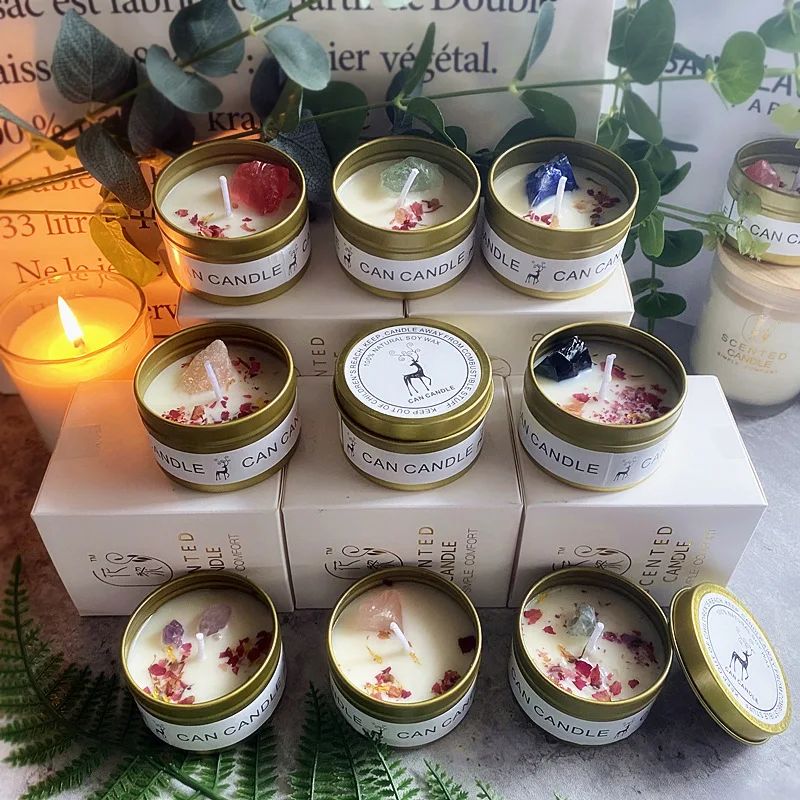 Caixa de lata dourada velas de aromaterapia cristal sal ston