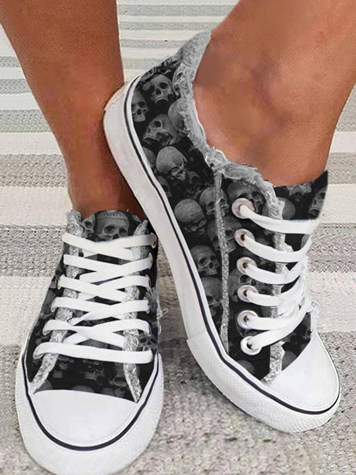 Sapatilhas planas com cadar?o de cranio de Halloween para mu