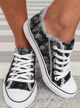 Sapatilhas planas com cadar?o de cranio de Halloween para mu