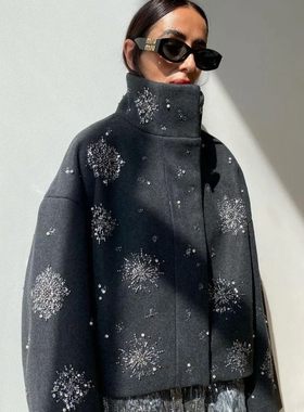 Beading Luxurious Chic Coat Women Loose Single Breasted Stan