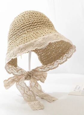Women's Summer Lace Ribbon Straw Panama Hat Anti-UV Woven Ca