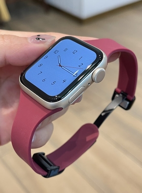 适用于applewatch11纯色小蛮腰运动硅胶磁吸表带苹果手表910代se2