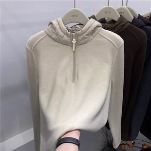 半拉链纯色连帽卫衣女德绒打底衫秋冬新款设计感长袖上衣保暖帽衫