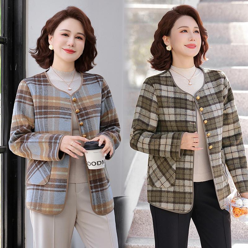 中老年女装2025新款时尚洋气秋装格子舒适毛呢外套春秋双面呢