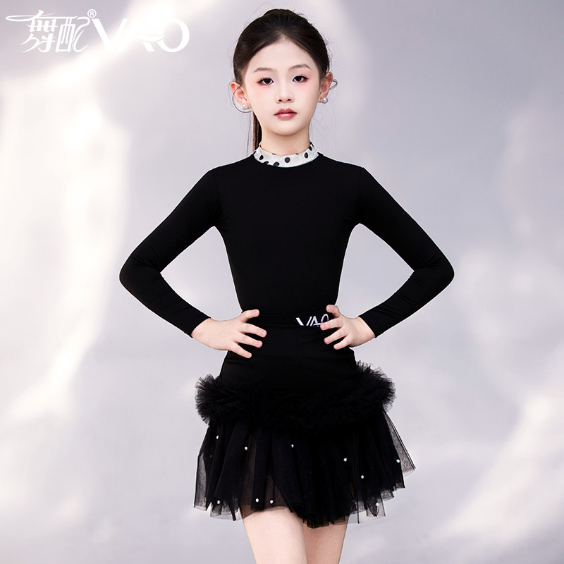 拉丁舞服女童黑色纱裙练功服