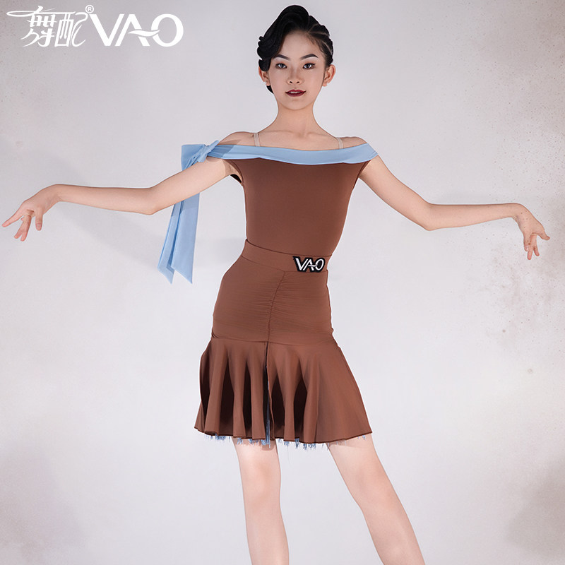 拉丁舞服女童VAO舞配舞服表演服拉丁舞练功服女新款一字肩套装TJ