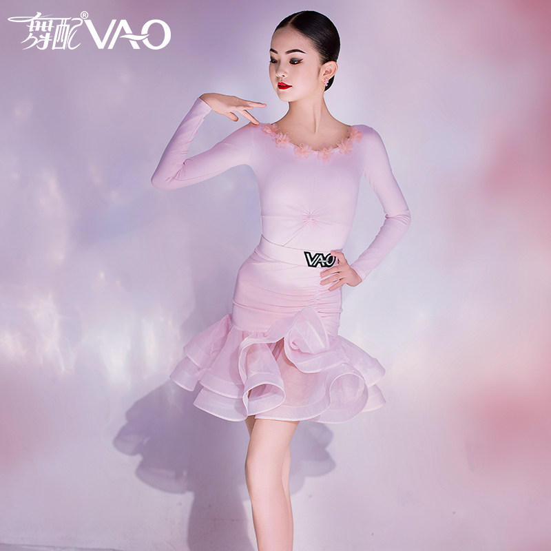 断码清仓-拉丁舞服女童VAO舞配拉丁舞练功服女表演服粉花朵套装TJ