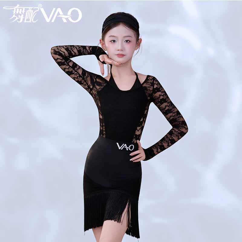 舞配女童拉丁长袖流苏练功服图片