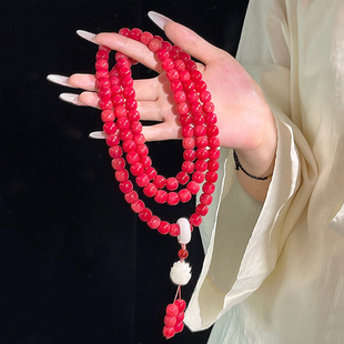 国风红菩提手串108颗多圈手持文玩男女古风莲花项链佛珠念珠手链