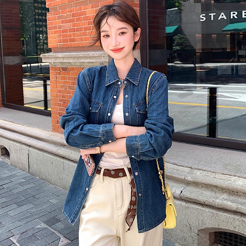 MONLOUVE港风复古蓝色牛仔衬衫外套女2025春秋新款叠穿内搭上衣中