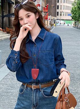 MONLOUVE覆古港味宽松牛仔衬衫外套女春秋季2025新款蓝色上衣内搭
