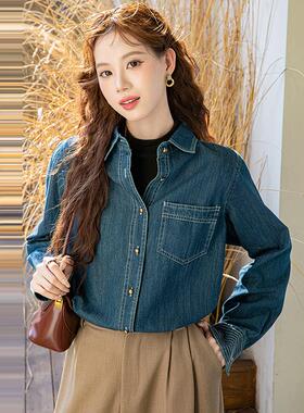 MONLOUVE覆古港味深蓝色牛仔衬衫女2025春秋季新款叠穿设计感宽松