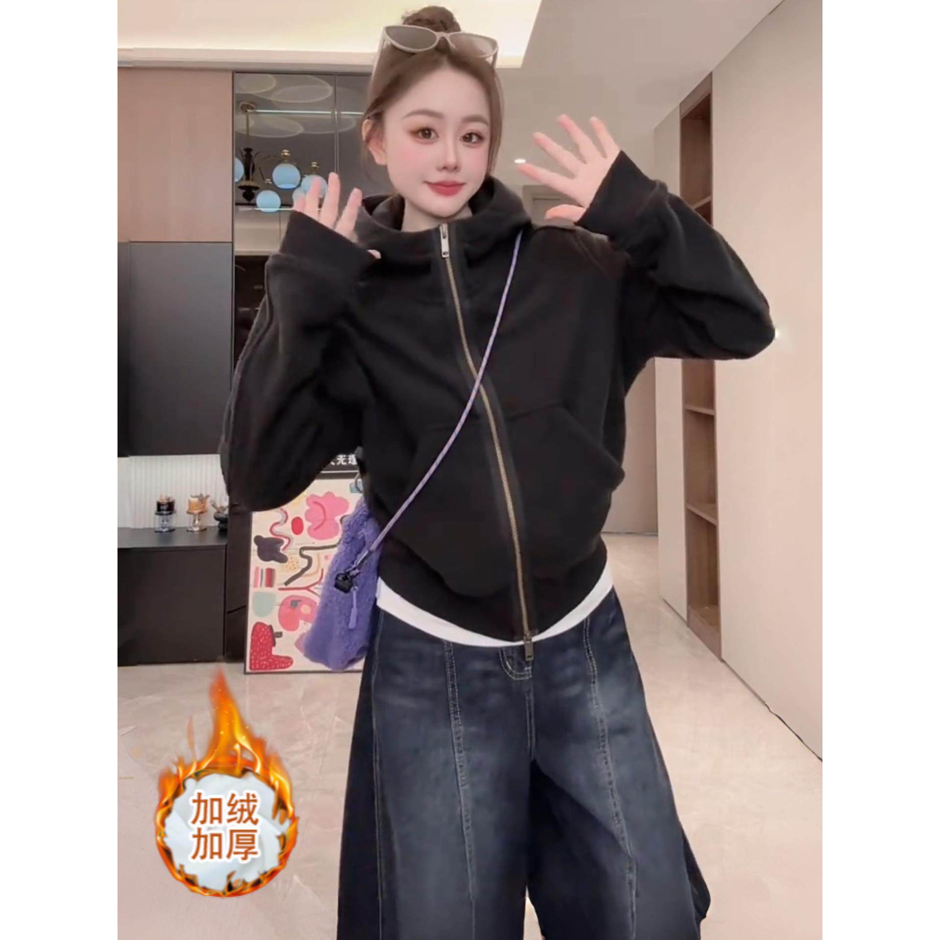 MONLOUVE时尚双面摇粒绒连帽卫衣女冬季新款洋气减龄长袖上衣百搭