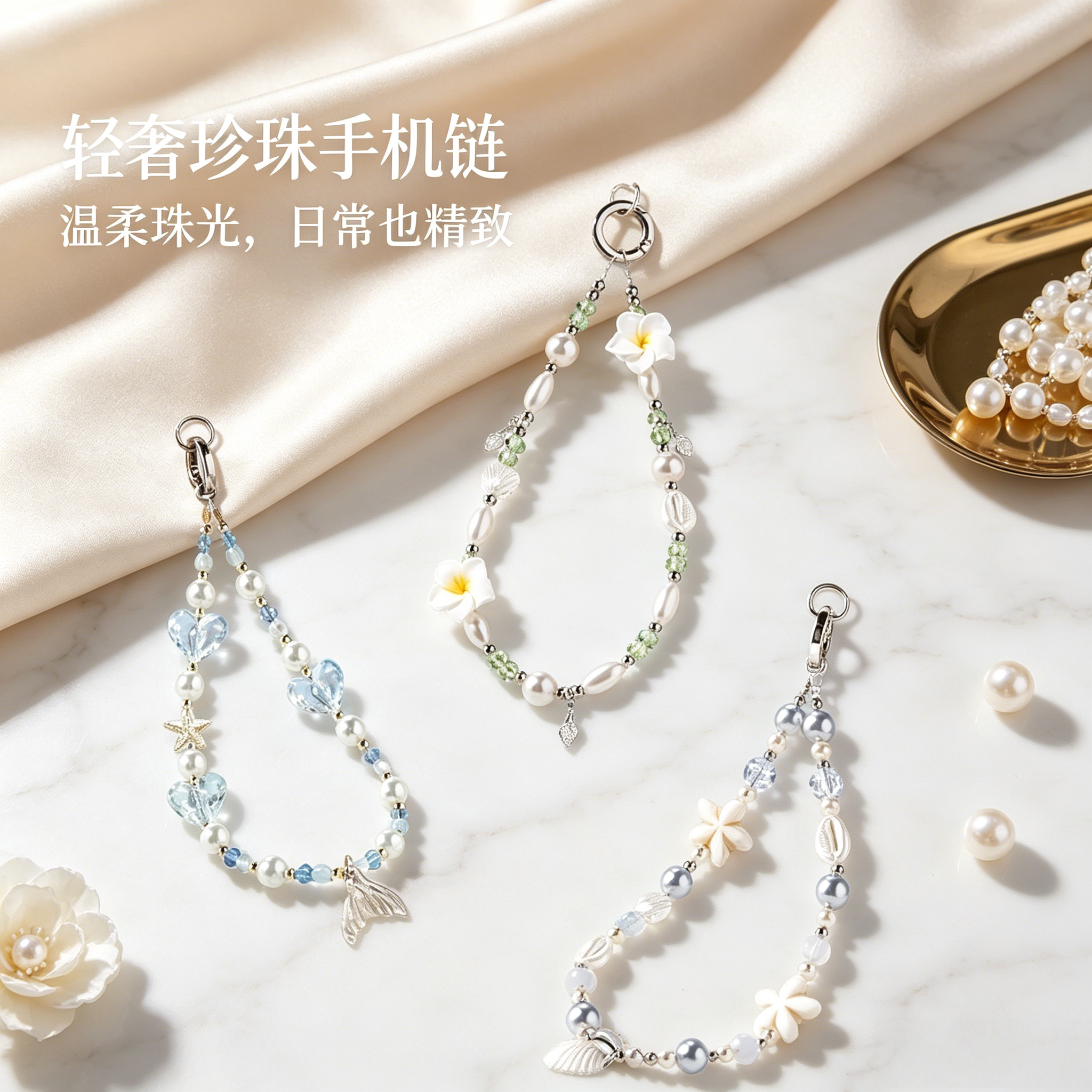 Rock夏日高级感珍珠花朵手机挂绳少女心水晶防丢挂件百搭手提挂链