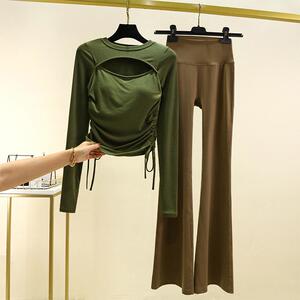 秋冬新款瑜伽服女套装镂空针织固定胸垫运动透气抽绳紧身健身长袖