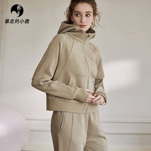 加绒加厚瑜伽服套装女秋冬款专业修身休闲连帽口袋跑步健身运动服
