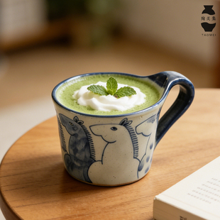 马到成功景德镇青花手绘咖啡杯釉下彩意式拉花杯家用水杯马克杯小