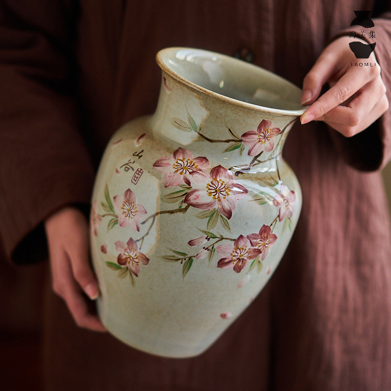 复古手绘桃花陶瓷花瓶客厅餐桌装饰摆件景德镇中古风水培插花花器