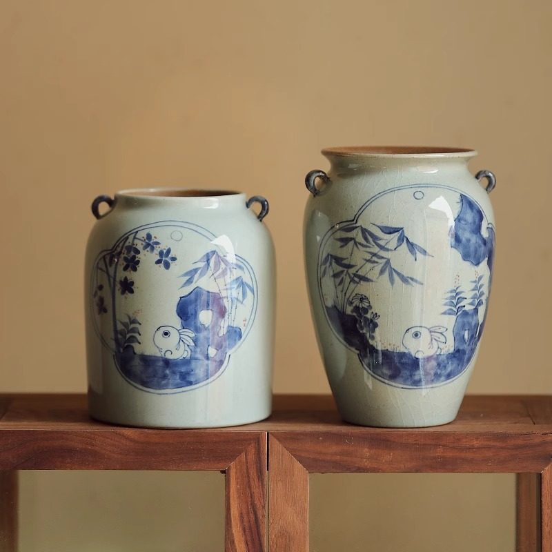 陶美集全手绘青花小兔子花瓶景德镇复古花器花插中式陶罐装饰摆件,家居饰品,花瓶,淘宝优惠券,粉丝福利购,淘宝优惠卷