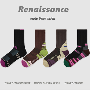 Renaissance袜子女毛巾底减震运动袜羽毛球慢跑袜透气吸汗中筒袜