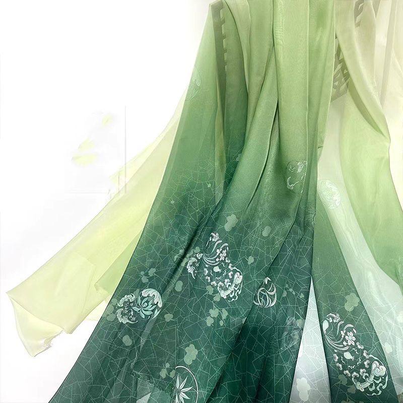 原创竹叶晕染面料印花天丝雪纺布料汉服古风褶裙襦裙马面裙舞蹈裙