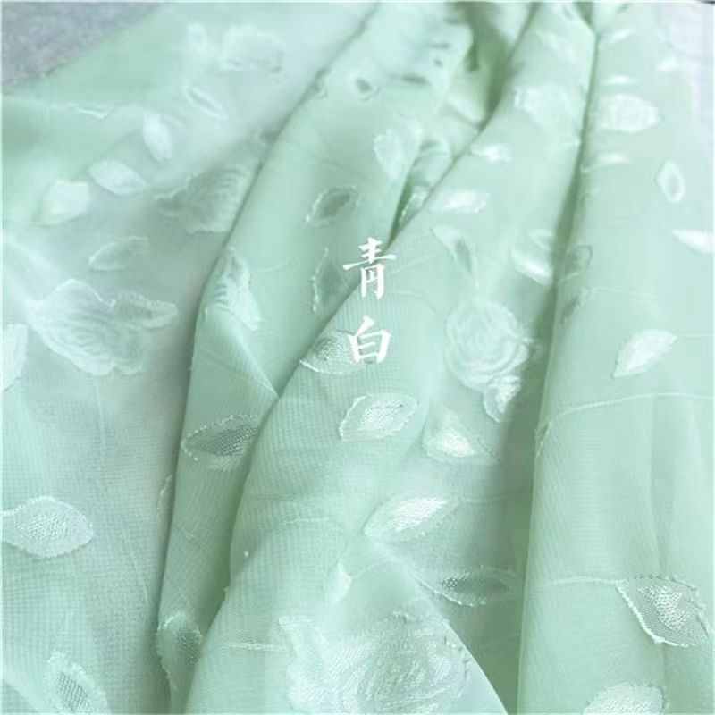 轻薄半透垂感 黛蓝色古风玫瑰提花剪花雪纺面料旗袍汉服裙布料diy