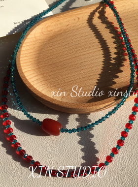 XIN STUDIO复古红蓝串珠新中式项链女 ins小众设计气质颈链锁骨链