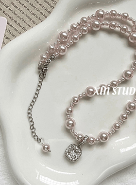 XIN STUDIO 灰色珍珠项链女 2025新款高级感轻奢小众精致锁骨链