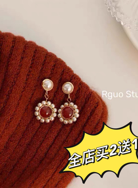 新款春夏甜美珍珠红耳环女法式巴洛克复古宫廷耳钉韩国气质耳坠女