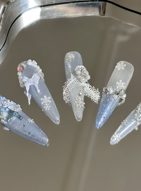 冰雪绮梦 蓝色圣诞树蓝调原创手工穿戴甲蓝色花卉穿戴甲